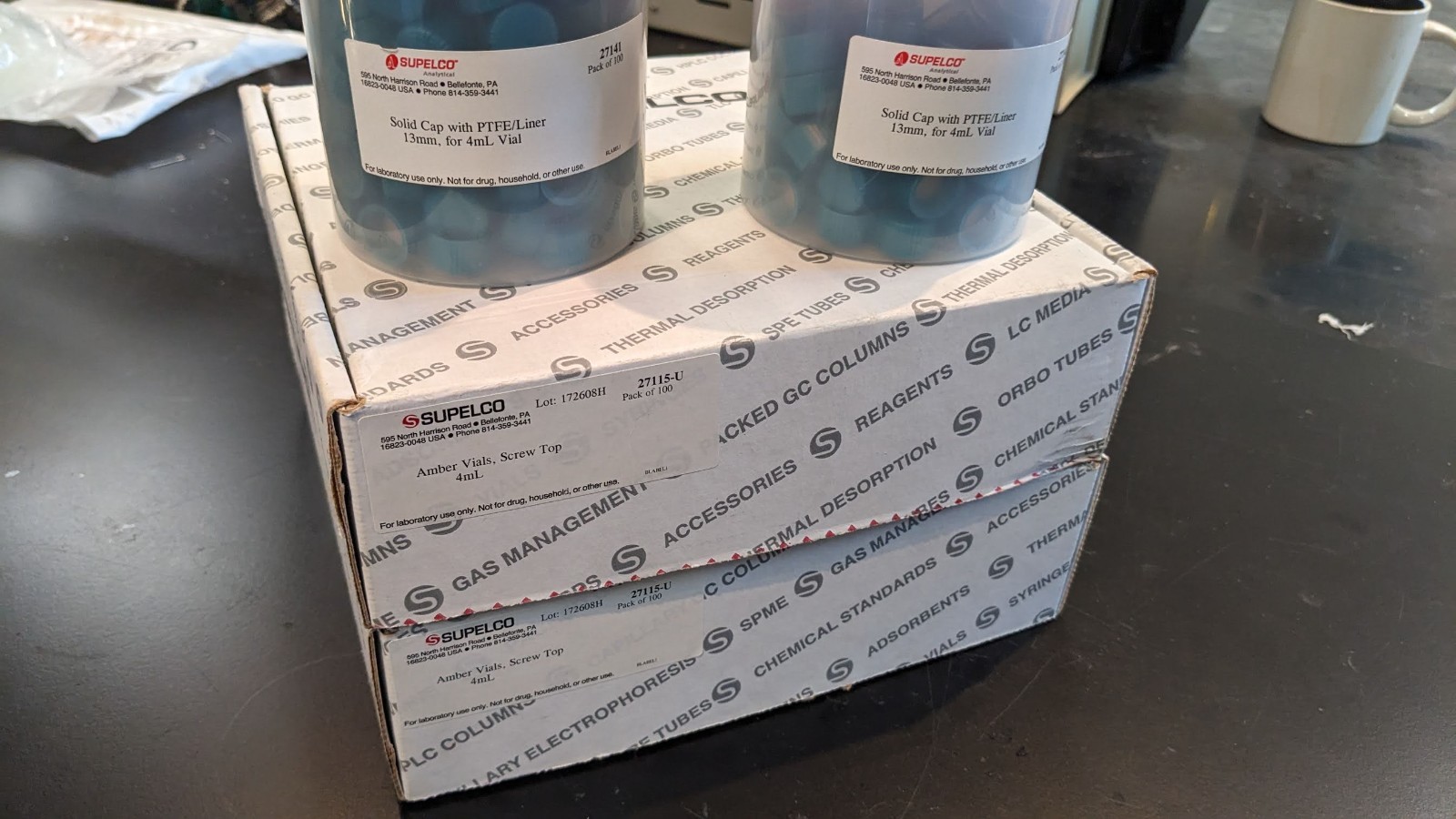 171 Supelco 4mL Amber Glass Vials + PTFE Lined Caps 27115-U / 27141 Lab GC HPLC