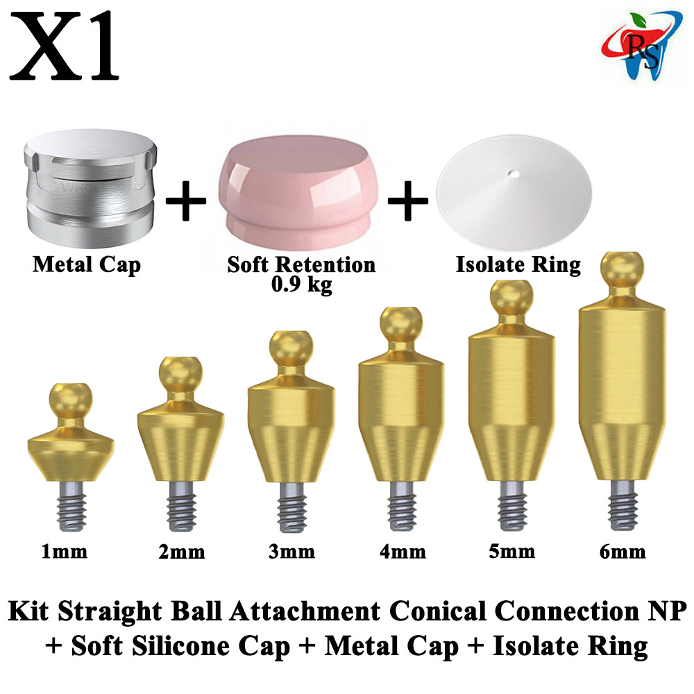 1x Kit Dental Straight Ball Attachment Conical NP Soft Silicone Metal Cap Ring
