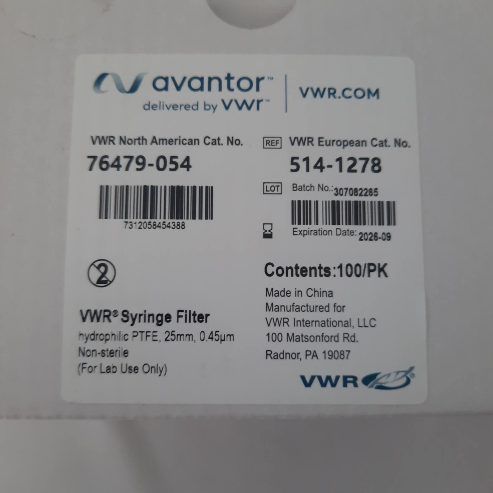 VWR Avantor Syringe Filter PTFE 25mm, 0.45um, 76479-054, 100/pk, Exp. 09/2026