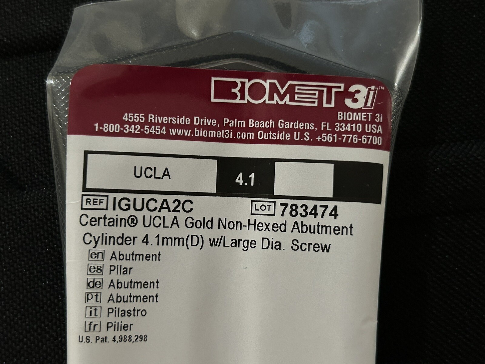 BIOMET 3i Certain UCLA Gold Non-Hexed Abutment Cylinder 4.1mm (D) W/ Large Screw