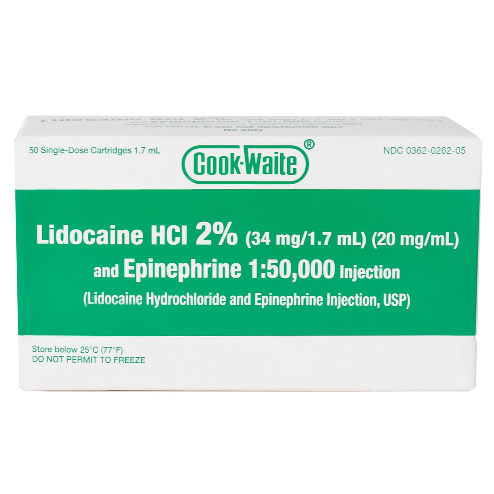 Cook-Waite Green/Red 50 cartridges w/Epinephrine 1:100000 HCl 2% Injectable