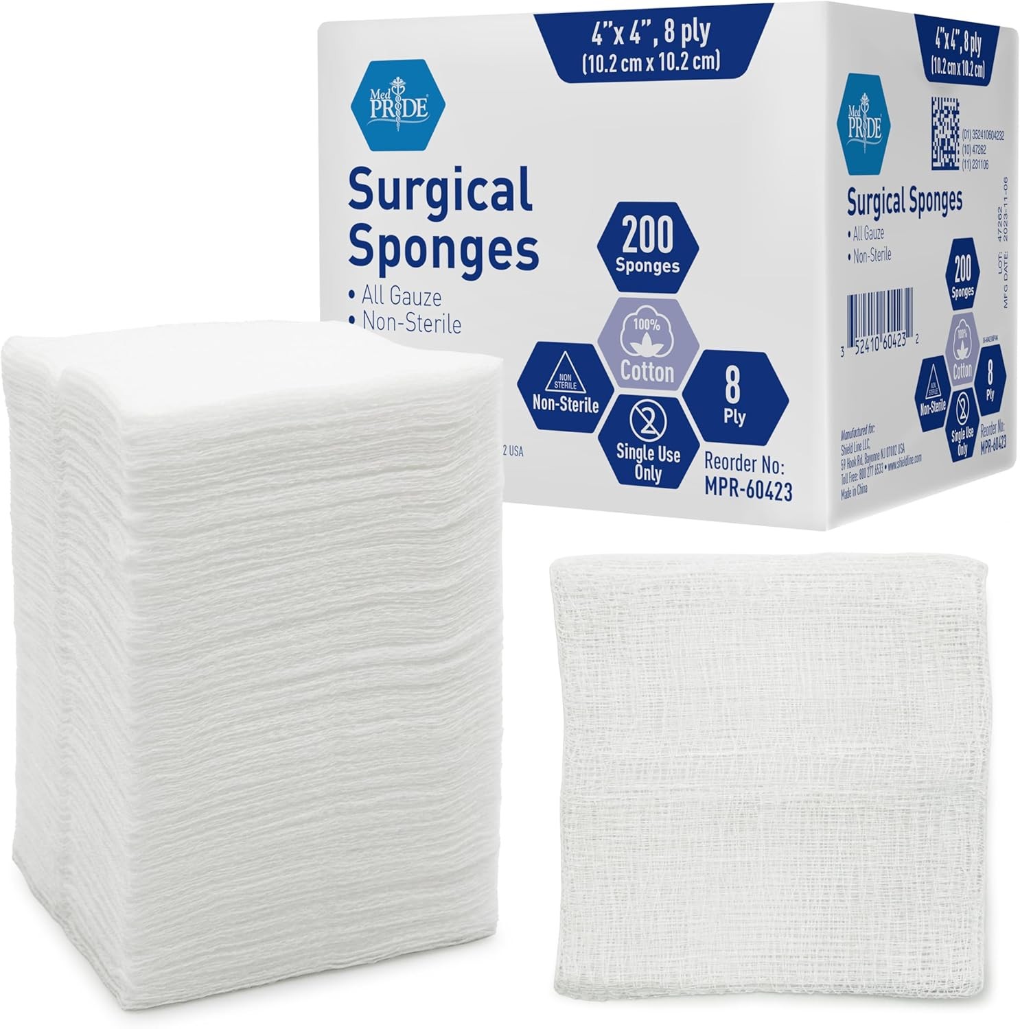 MED PRIDE Surgical Sponges 200 Pack 4” x 4”, 8 ply 200 Count (Pack of 1)