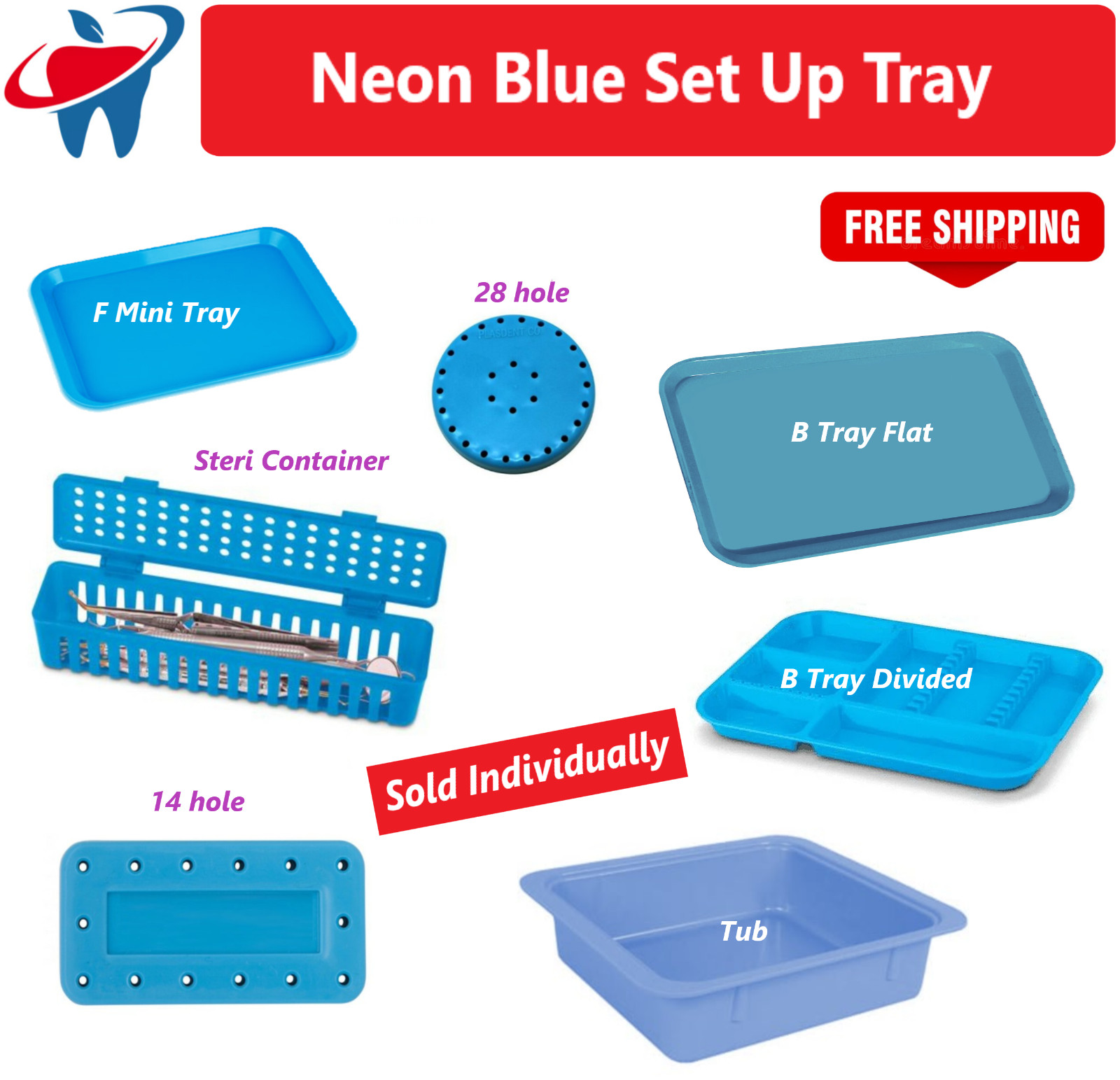 Dental Procedure Set-Up B Tray – Color Code, Neon Blue F Mini Tray Tub Bur Block