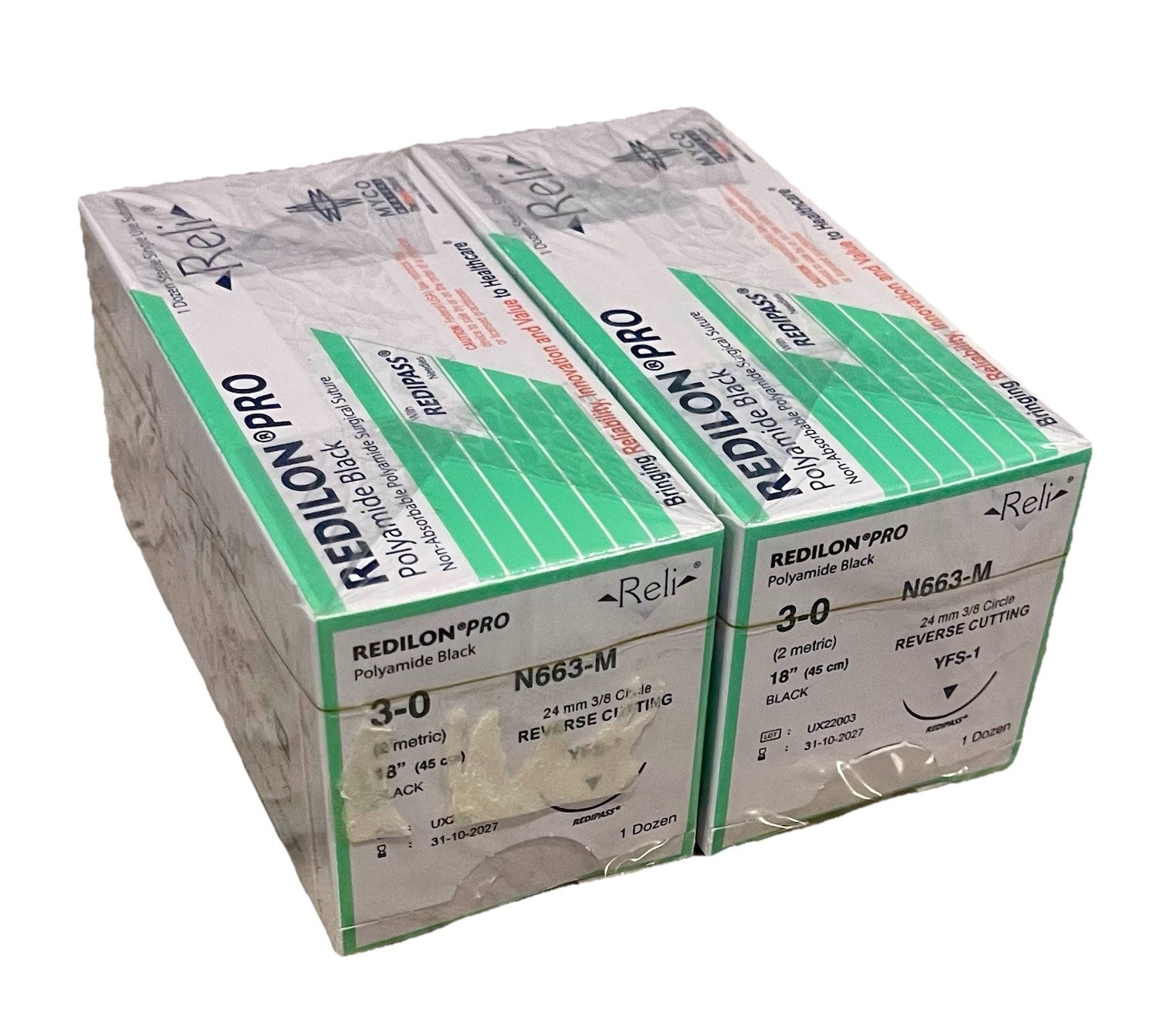 Reli Redilon Pro 3-0 Nylon Sutures N663-M 24mm RC 18” EXP 2027 Lot of 24