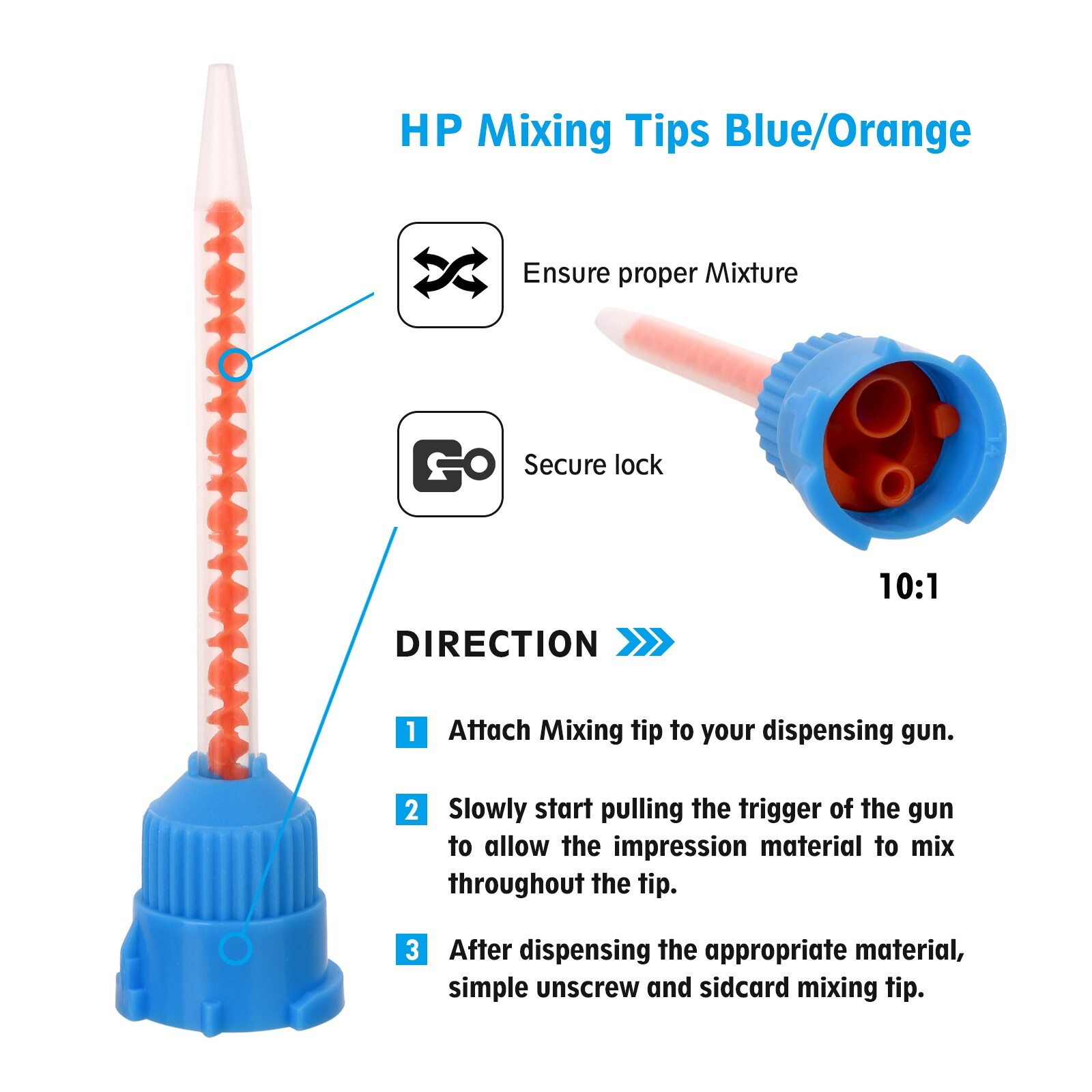 50Pcs Dental Mixing Tips Impression Temp Blue Orange Crowns Material (10:1)
