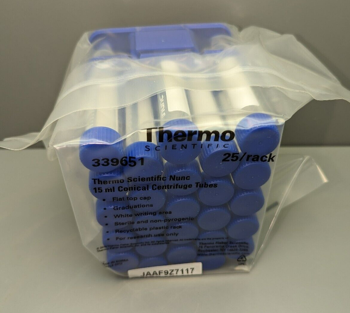 25 Thermo Scientific Nunc 15 ml Conical Centrifuge Screw Cap Test Tubes 339651