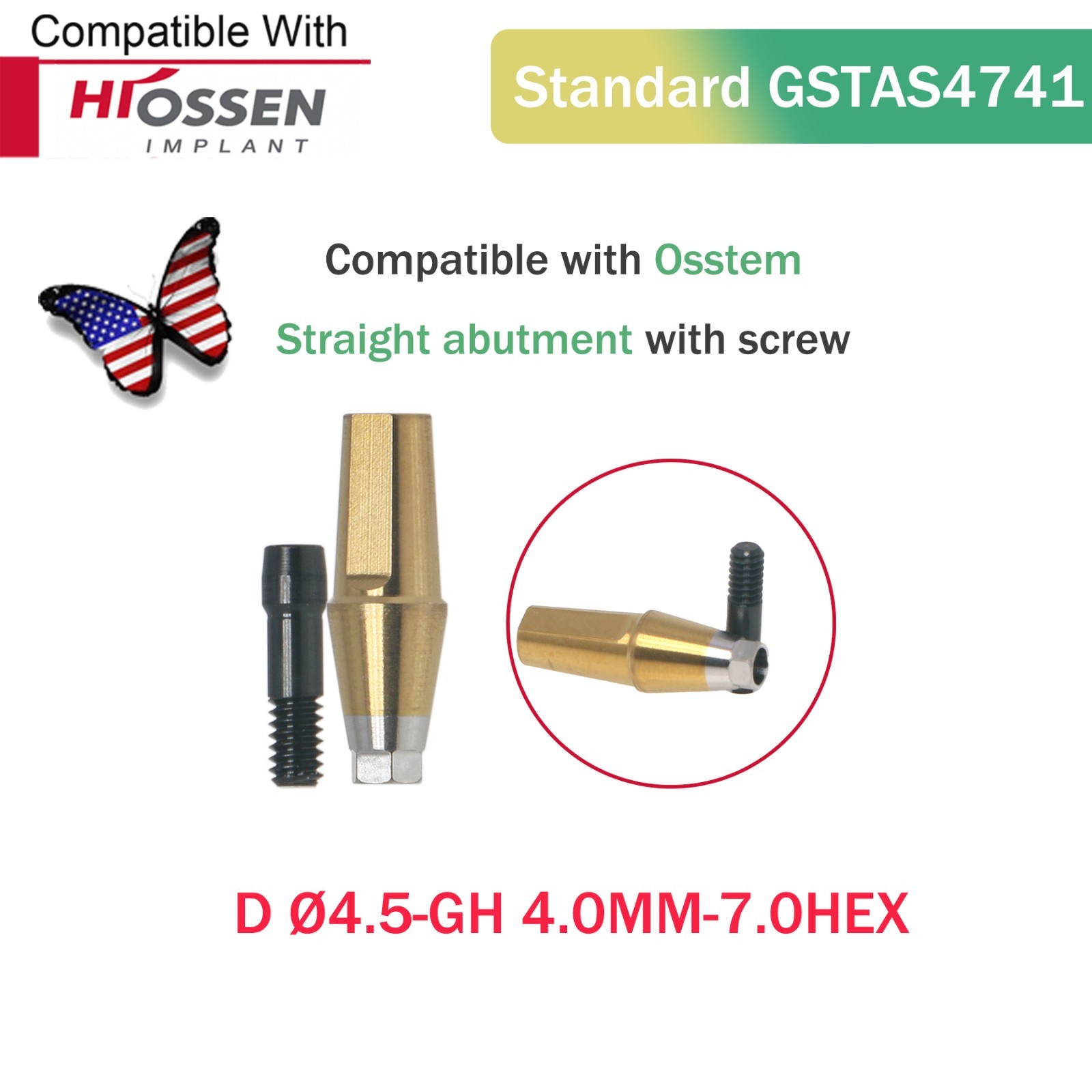 Regular Straight Transfer Abutment Internal Hex Fit Hiossen ET/Osstem TS Ø4.5mm