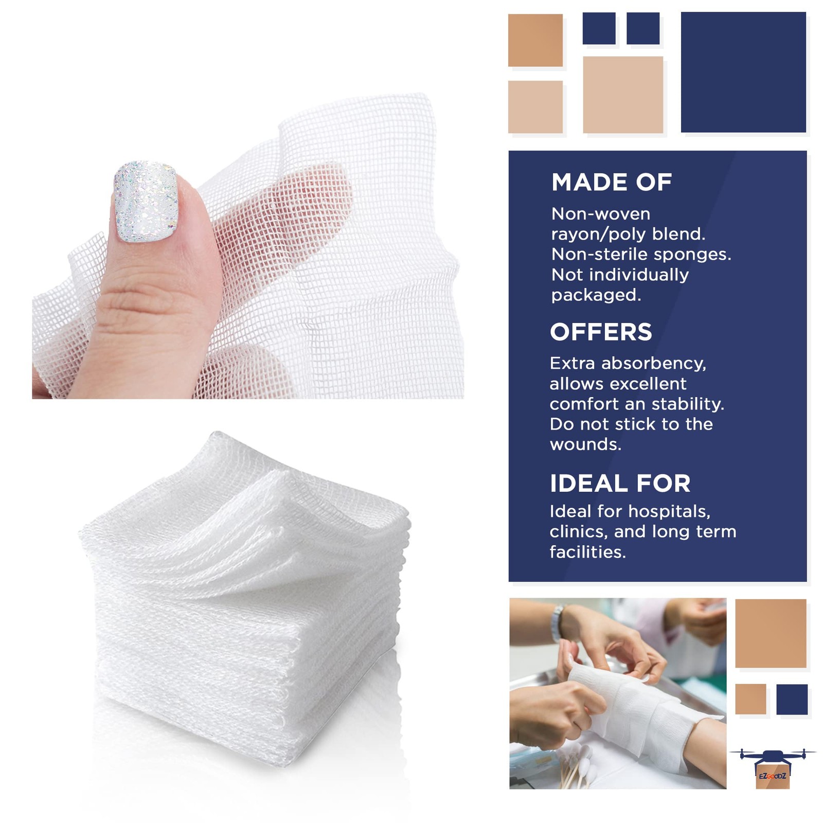 EZGOODZ White Cotton Gauze Pads Non Sterile, 4 x 4 Inch. Pack 100 Pack,