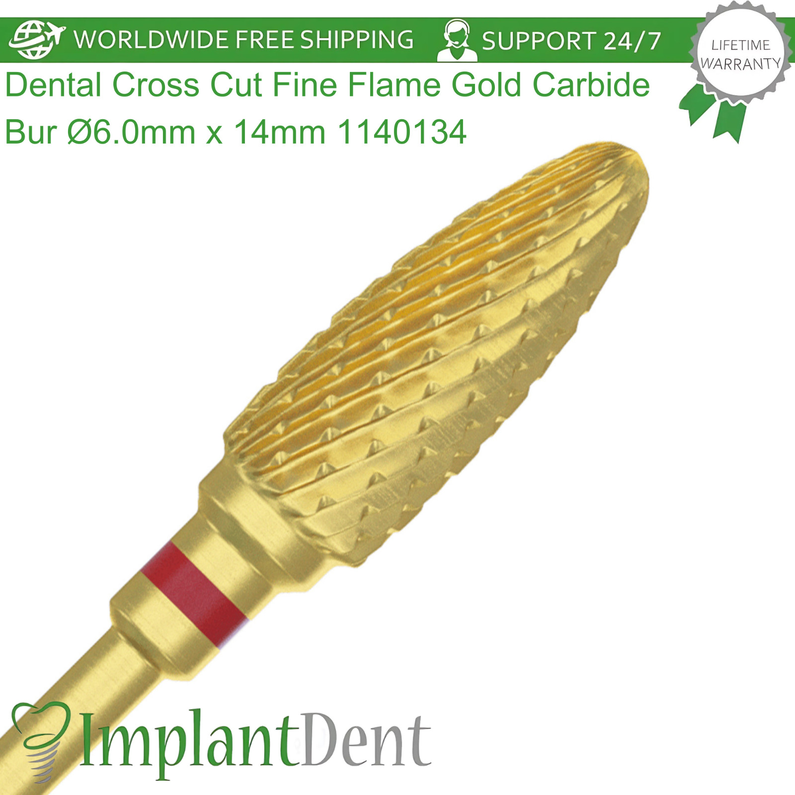 Dental Cross Cut Fine Grit Flame Gold Carbide Ø6.0mm x 14mm Bur 1140134