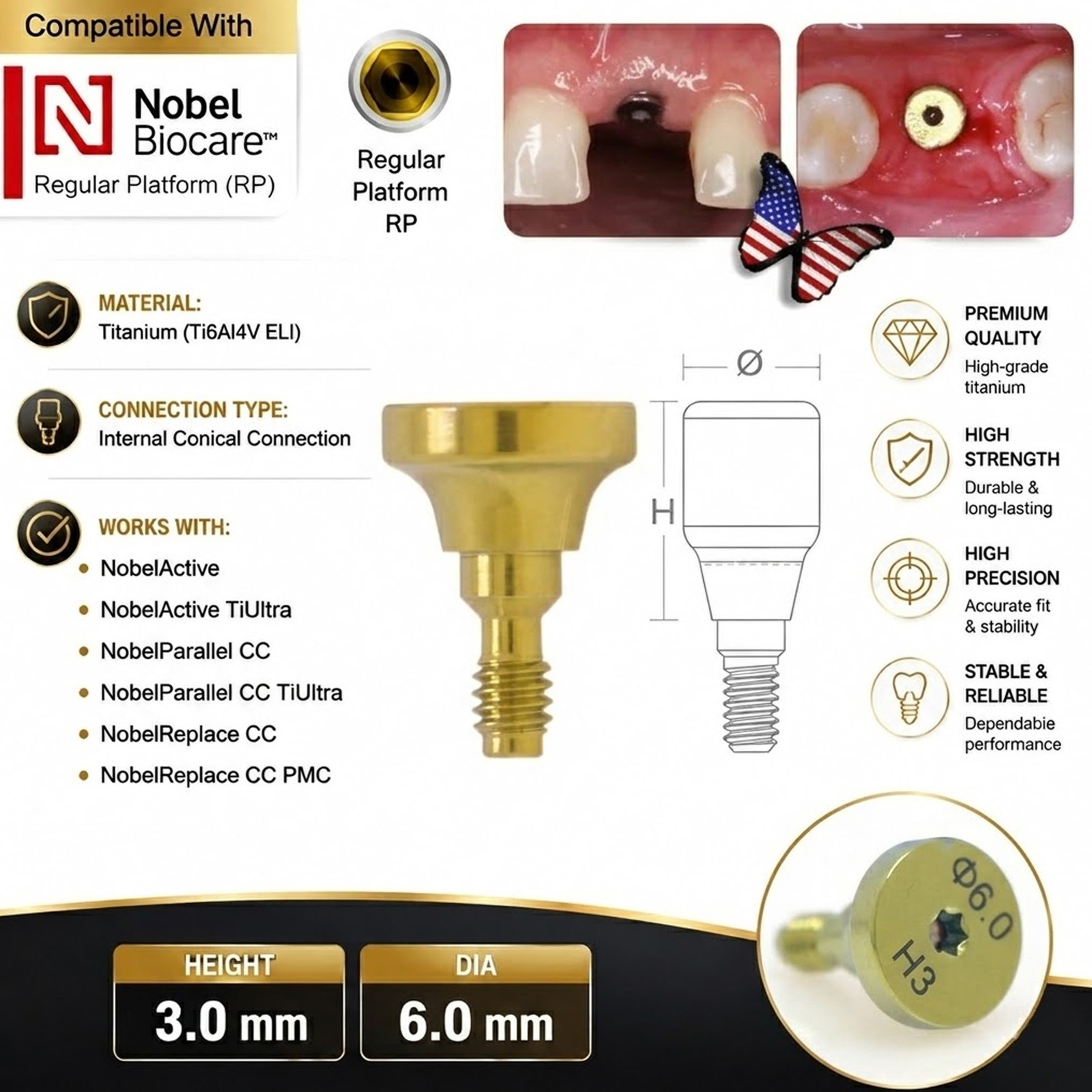 US Nobel Active Nobel Parallel CC Healing Abutment Compatible Conical Connection