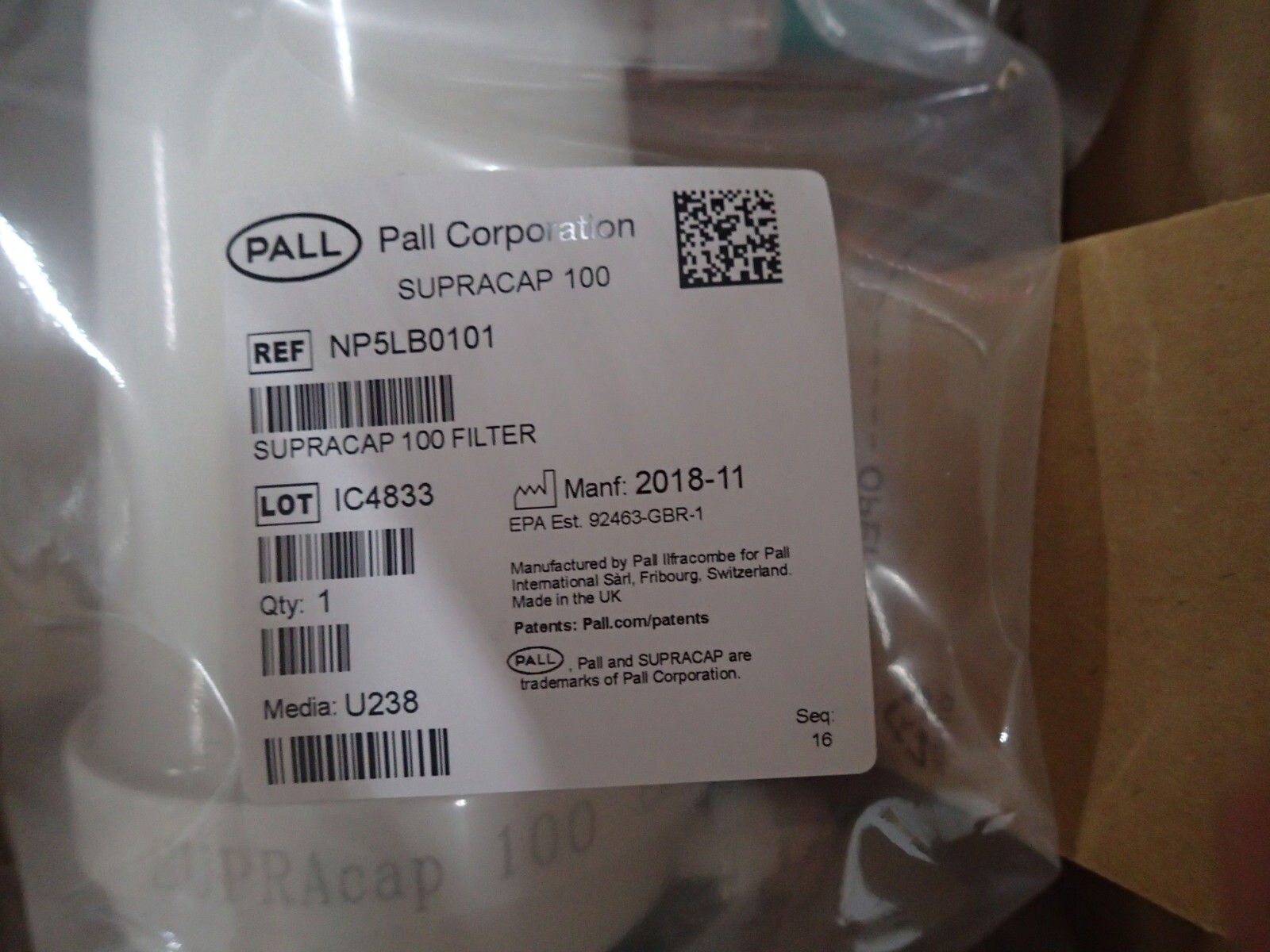 Pall NP5LB0101 Supracap 100 Capsule Depth Filter MFG 2018 NEW