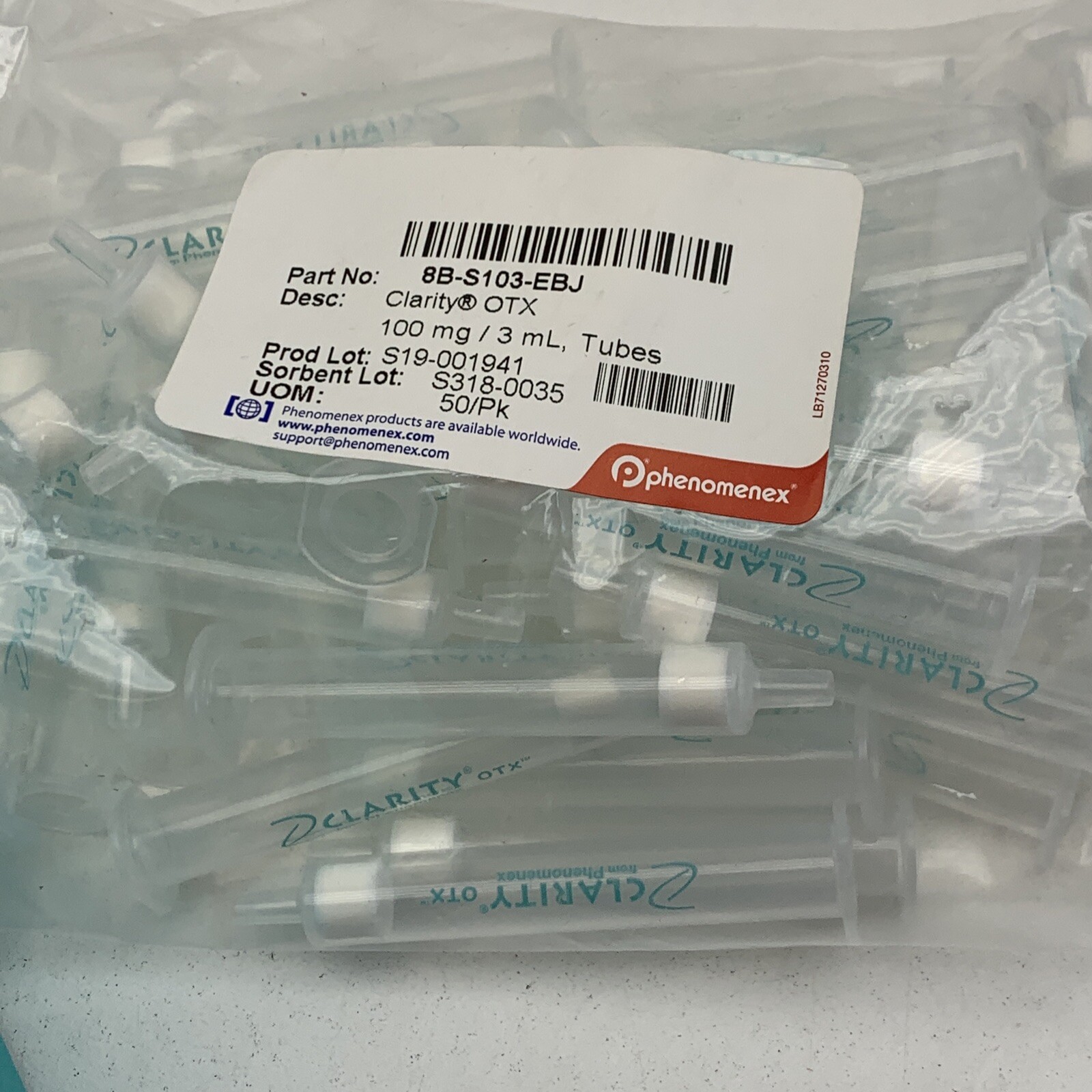 (50-Pack) Phenomenex 8B-S103-EBJ Clarity OTX Tube 100mg / 3mL