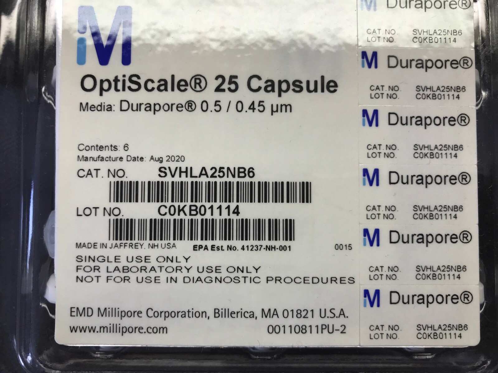 (6/Pk) MILLIPORE OptiScale 25 Filter Capsules 25mm Durapore 0.5um 0.45um Luer
