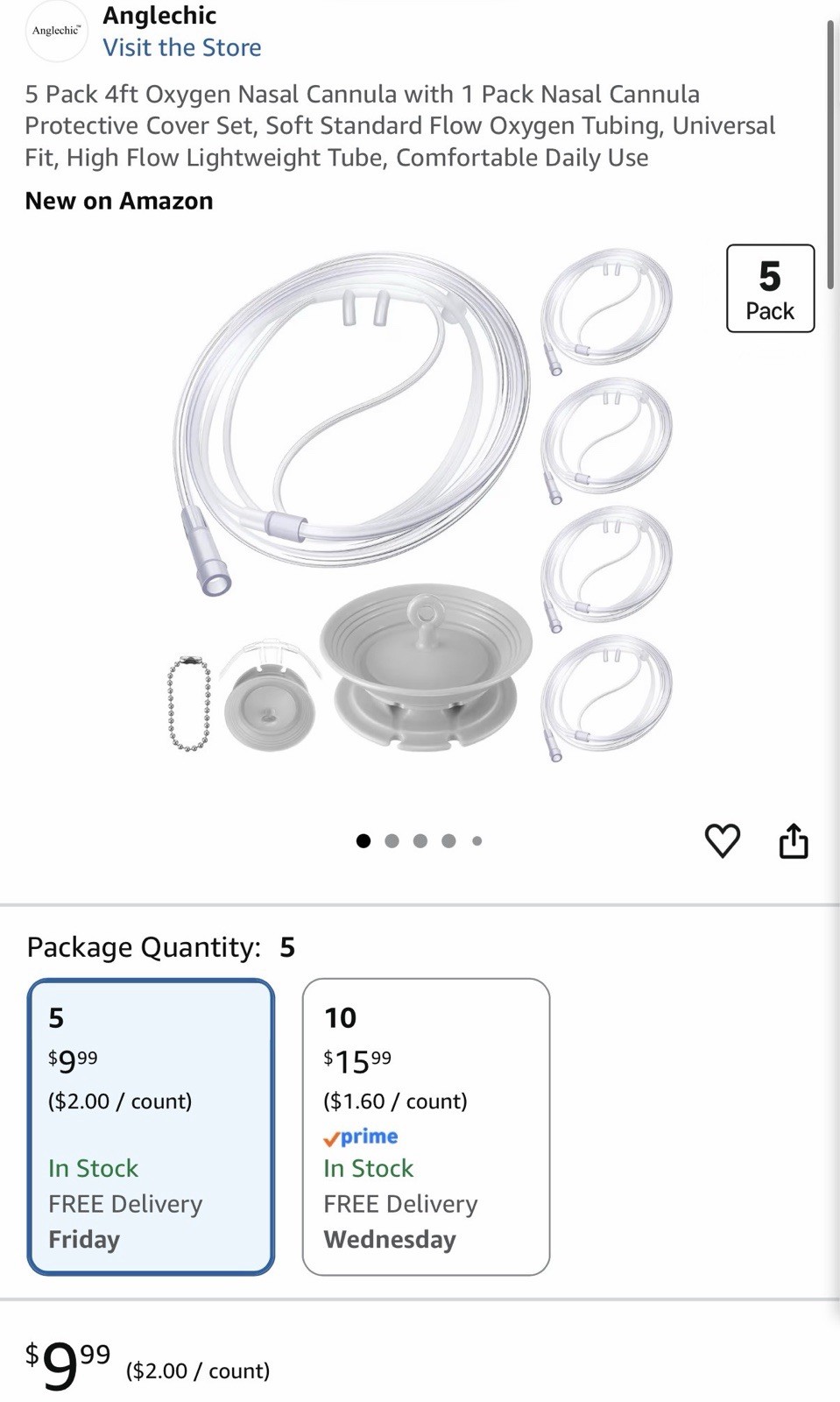 Anglechic 5 Pack 4ft Oxygen Nasal Cannula Set with Protective Cover