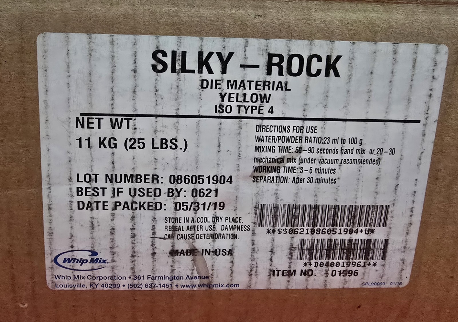 USED – 1-Pack- Whip Mix Silky-Rock Die Material ISO Type 4 Yellow 01996 – 19 LBS