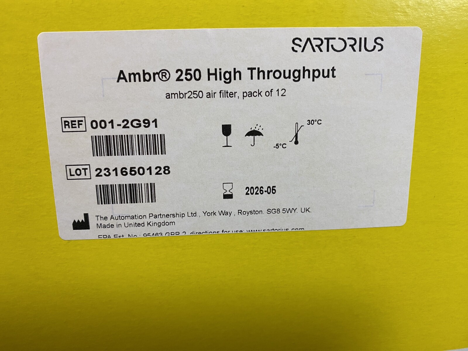 SARTORIUS Ambr 250 High Throughput Air Filter 001-2G91 (12/cs)