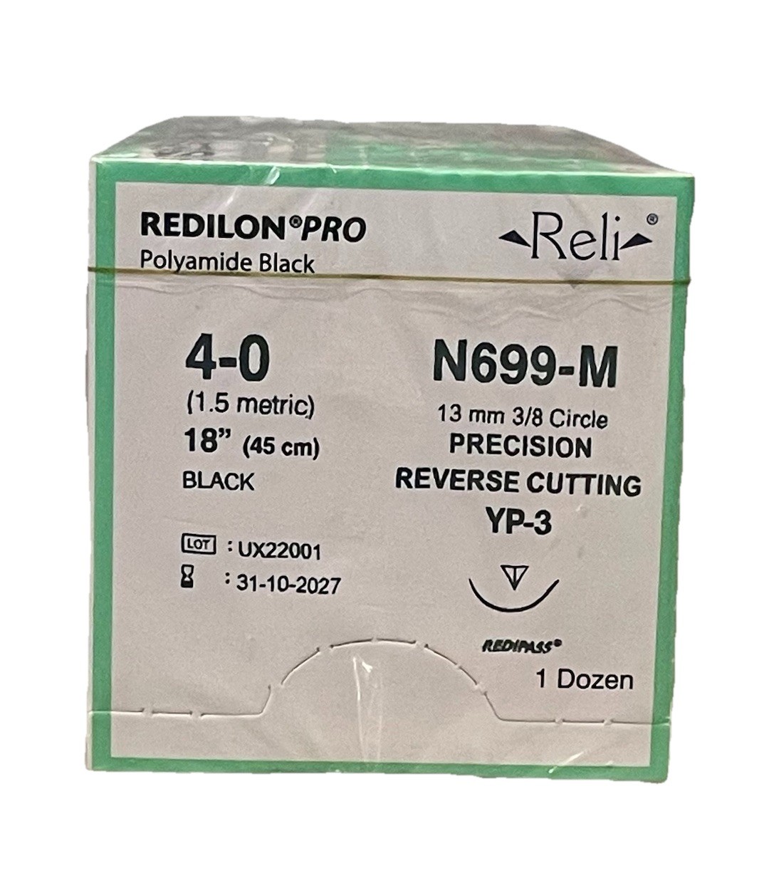 Reli Redilon Pro 4-0 Nylon Suture N699-M 13mm 3/8 Circle PRC YP-3 Exp 2027 12ct