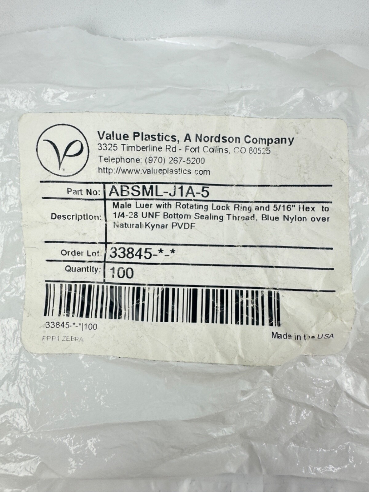 x(75) Nordson Value Plastics ABSML-J1A-5 Luer Tube Fitting Threaded Adapter