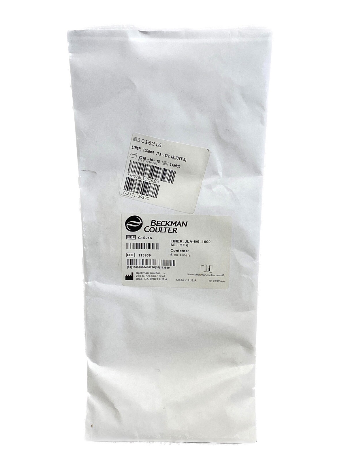 (6/Pk) BECKMAN COULTER 1L HarvestLine System Bottle Liners Non-Sterile C15216