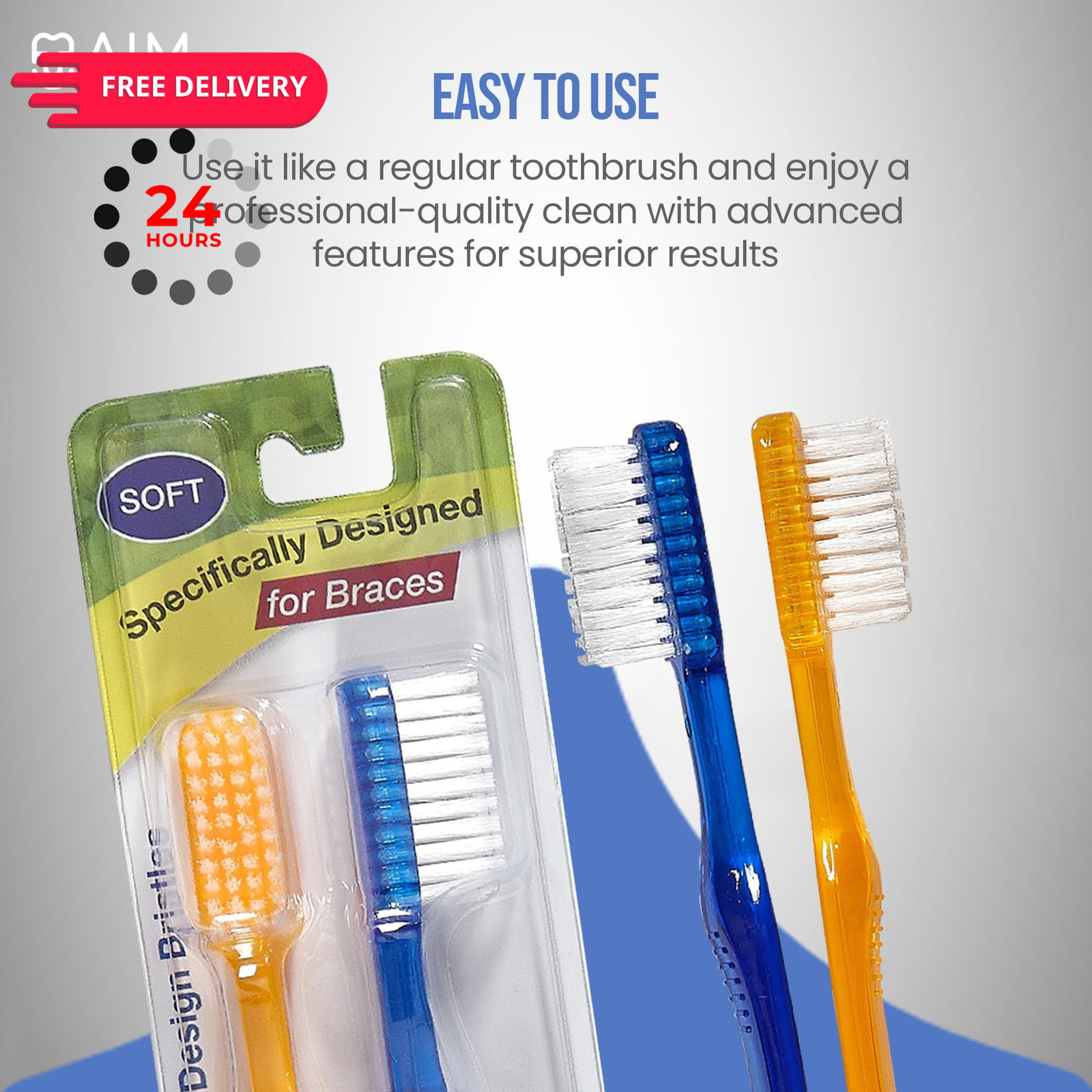 AIM DENTAL SUPPLY Toothbrush for Braces, Soft Head 1 Count (Pack of 2), Tan