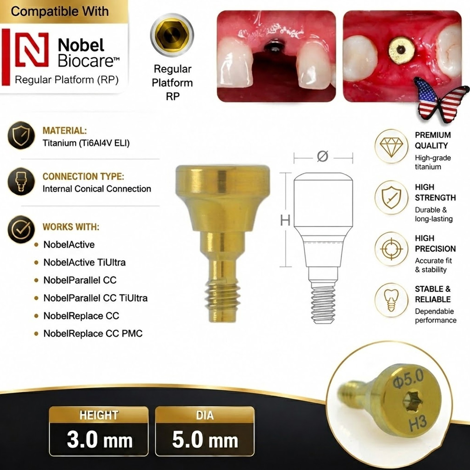 US Nobel Active Nobel Parallel CC Healing Abutment Compatible Conical Connection
