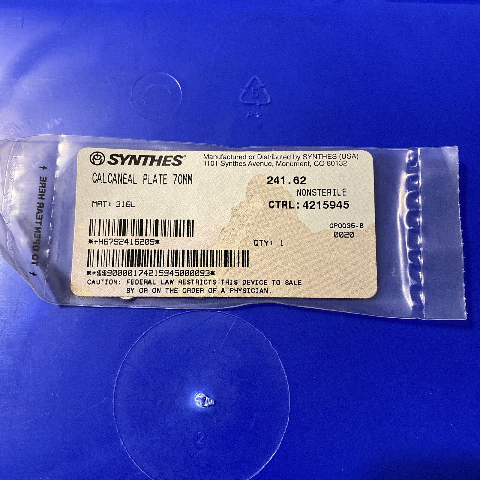 Snthes #241.62 Calcaneal Bone Fixation Plate 60mm Orthopaedic Surgical