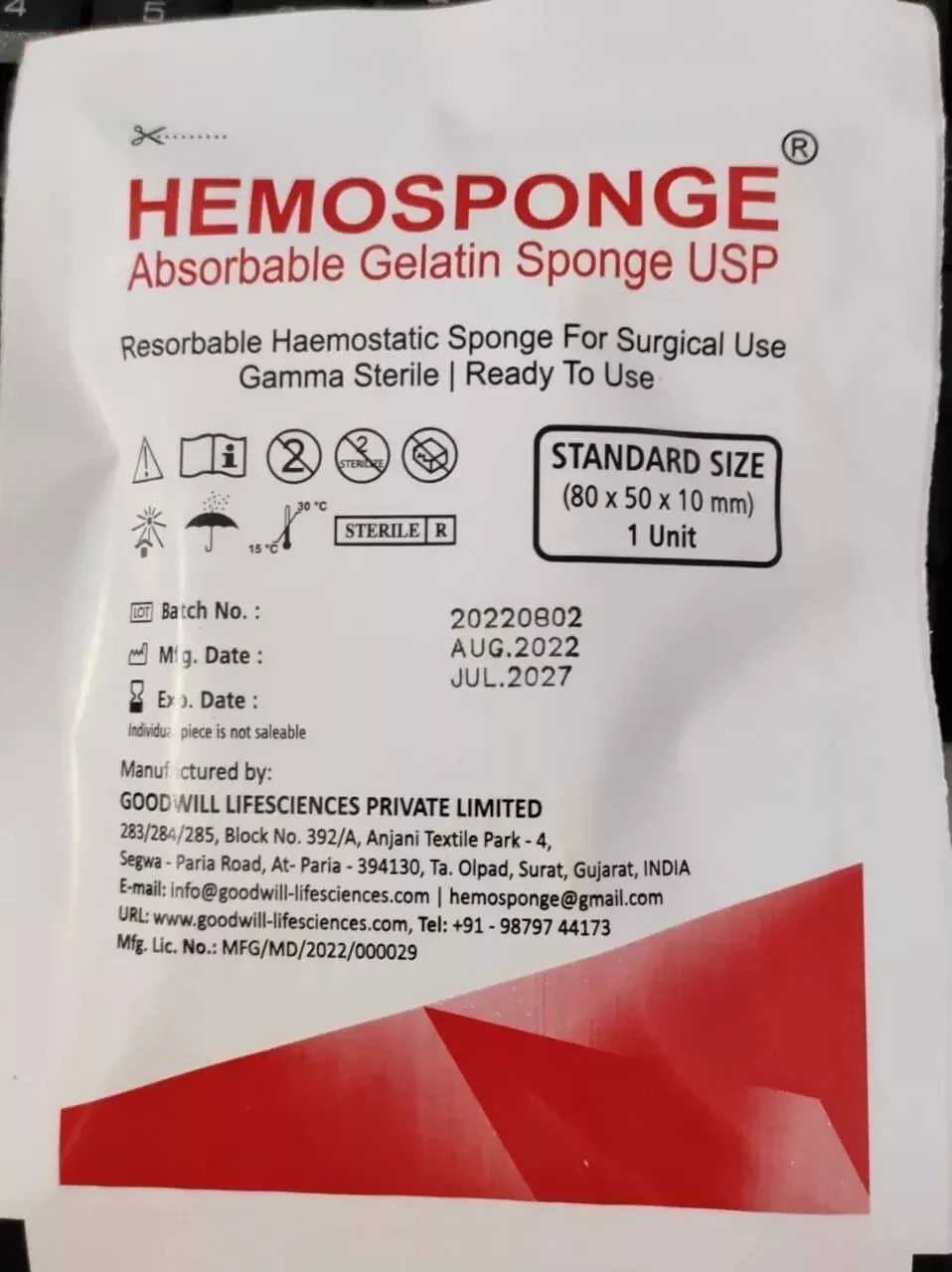 Absorbable STERILE Haemostatic Gelatin Sponge 80mm Gelfoam Hemocollagene