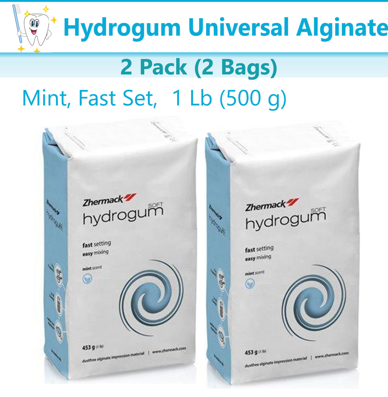 2 Pack x Zhermack Hydrogum Dental Impression Alginate 1.1 Lb. 500g Mint Fast Set