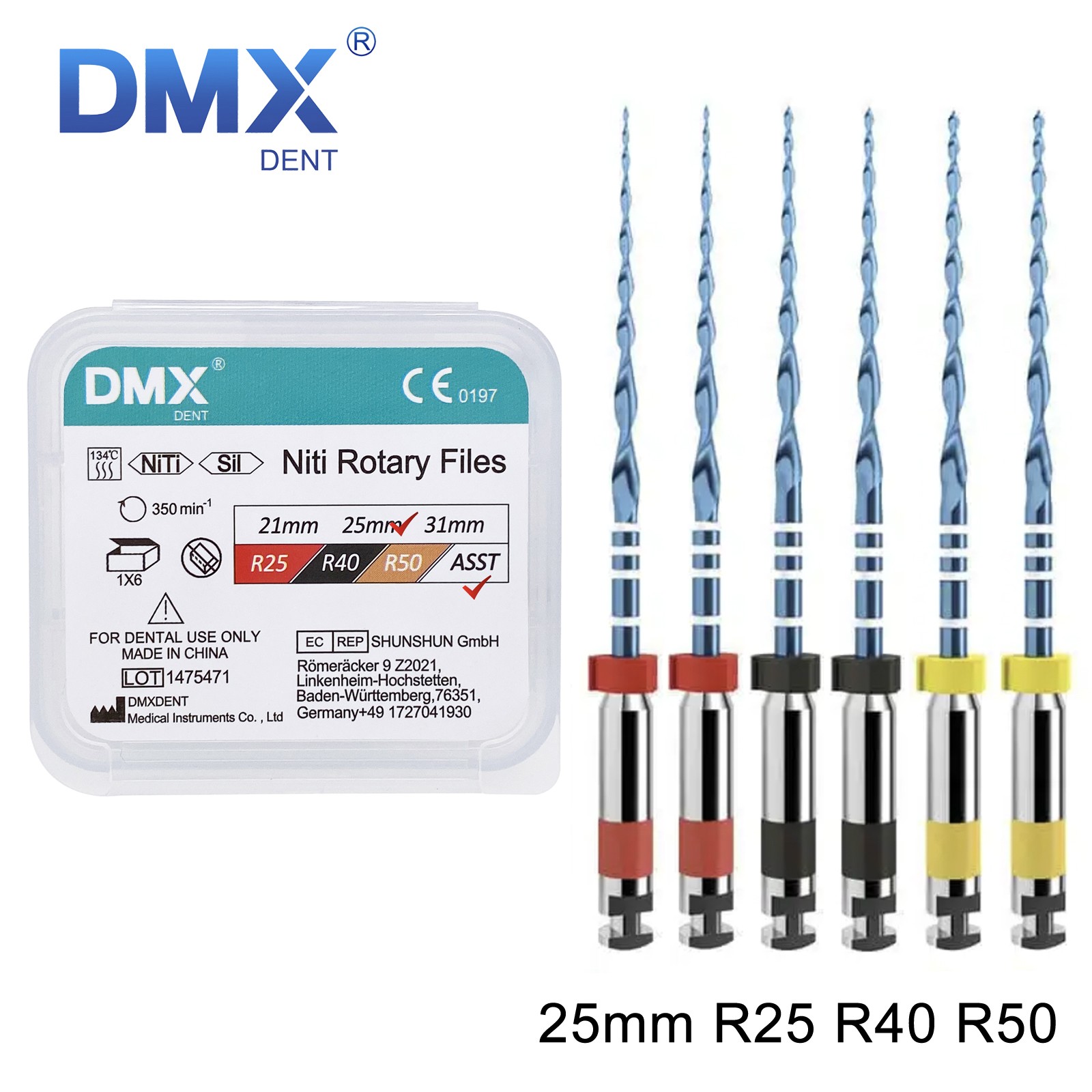 DMXDENT Dental Blue Rotary Endodontic Files Heat Activated R25 R40 R50 21/25mm
