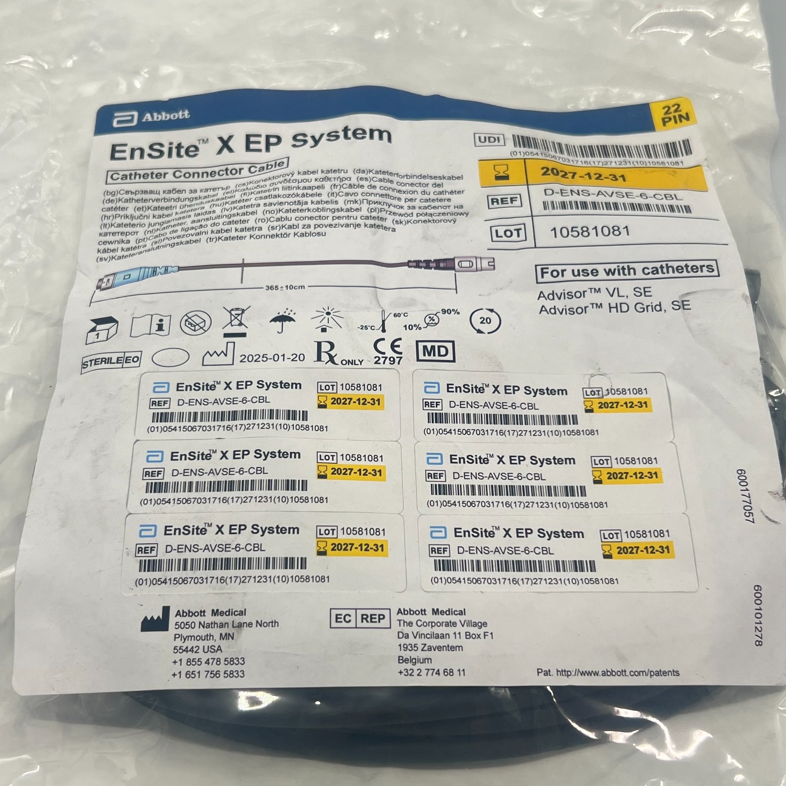 ABBOTT D-ENS-AVSE-6-CBL ENSITE X EP SYSTEM CONNECTOR CABLE 2027