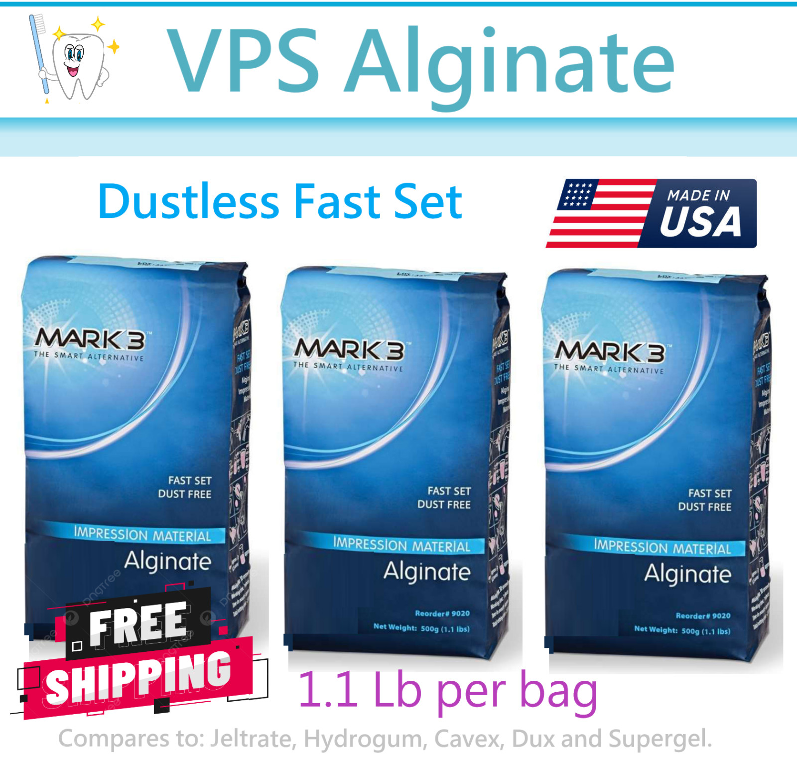 MARK3 Alginate Impression Material Dust Free Fast Set 1.1Lb Pouch Upto 1/3-Box