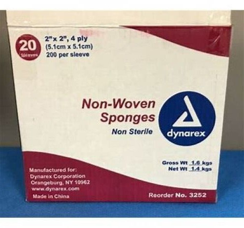 Non-Woven Sponges, 2″x 2″, 4 Ply, Dynarex, 200/Sleeve, 20 Sleeves/Case, 3252