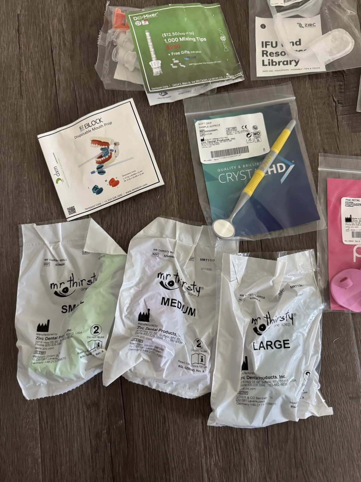 Various Zirc Product Samples – Mr. Thirsty, Mouth Prop, Mirror