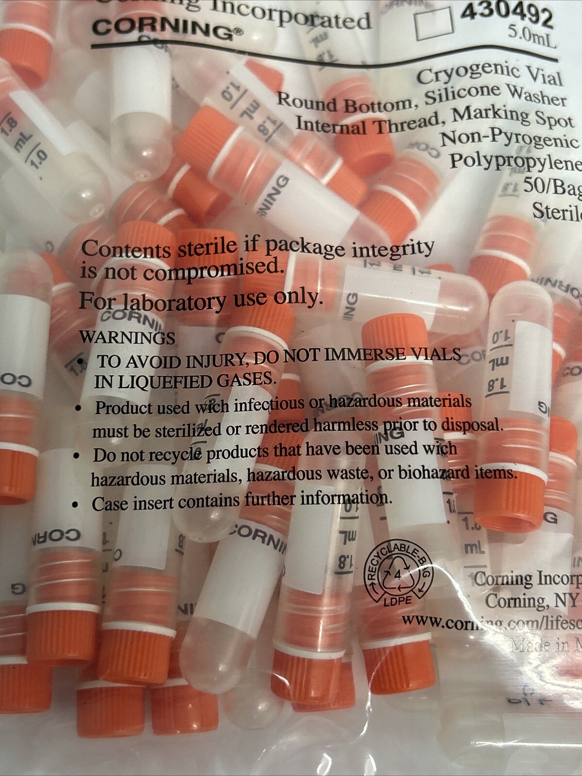 NEW 50/Pk Corning 430489 2mL Internal Threaded Polypropylene Cryogenic Vial