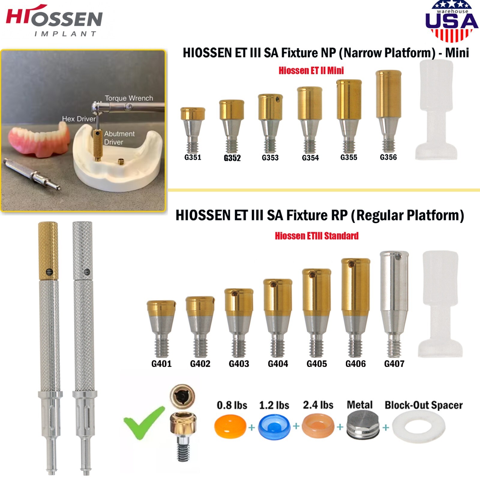 US Dental Locator Abutment Kit For Hiossen ET III Osstem Mini Regular PEEK Caps