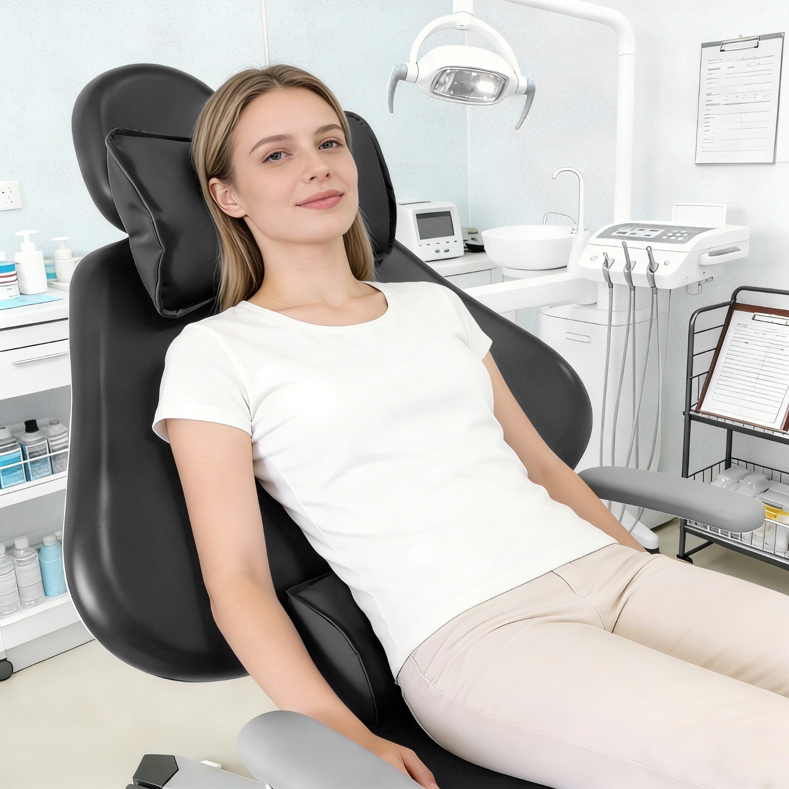 Dental Chair Neck Pillow Lumbar Cushion Set Memory Foam Microfiber Leather Black