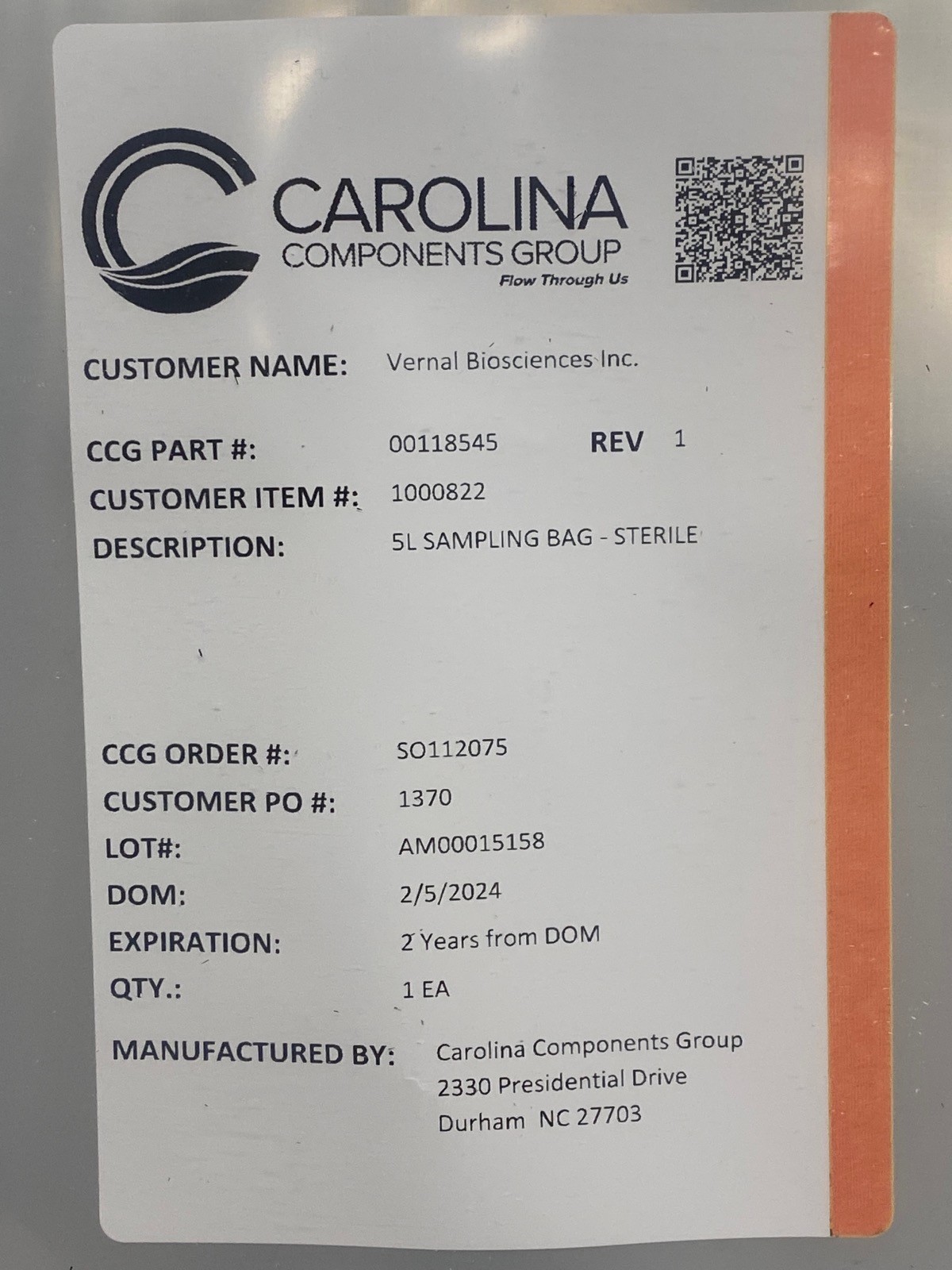 CAROLINA Bioprocess 5L Sampling Bag w/ CPC Non-Valved AseptiQuik G Body 3/8” HB