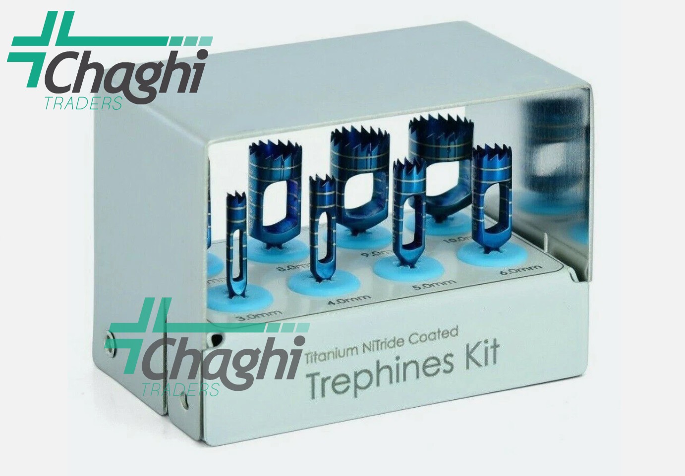 Trephine Kit 8 PCs Blue Titanium Coated & Bur Holder Dental By Chaghi Traders