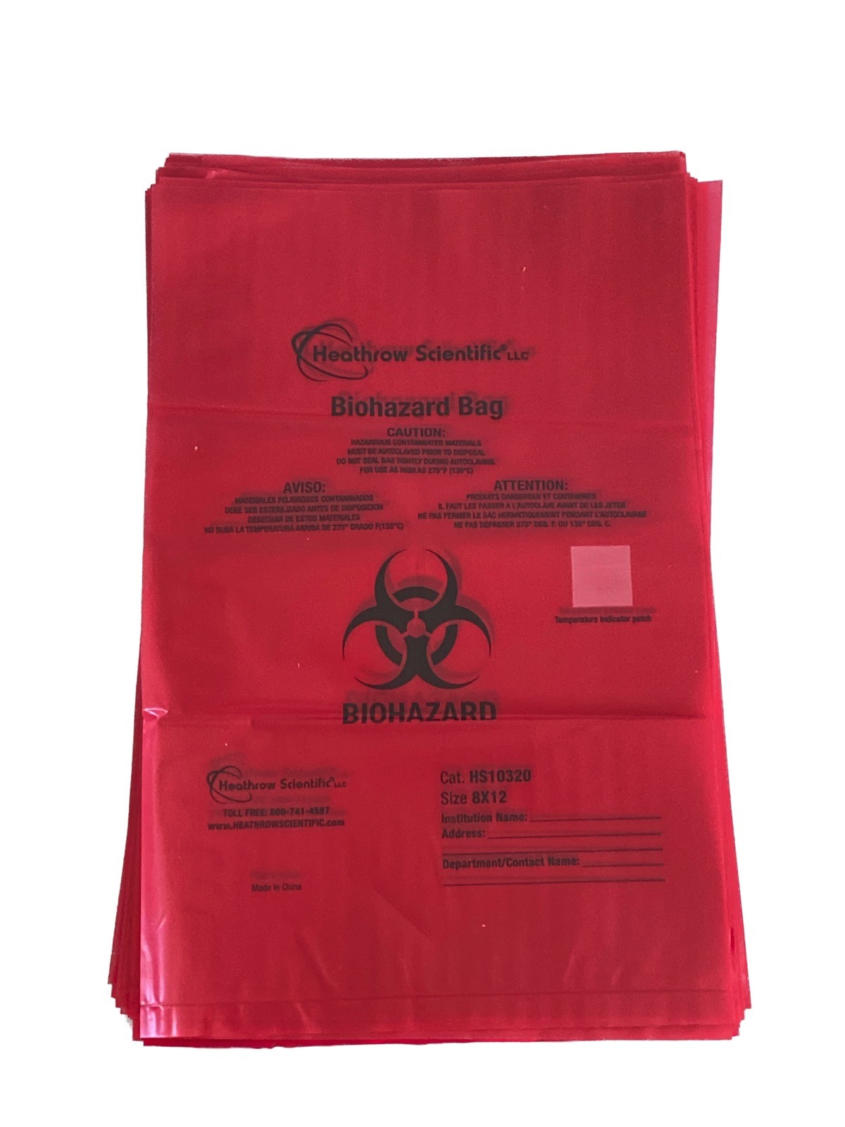 (63) HEATHROW Biohazard Waste Bags 8”x12” English Spanish French HS10320