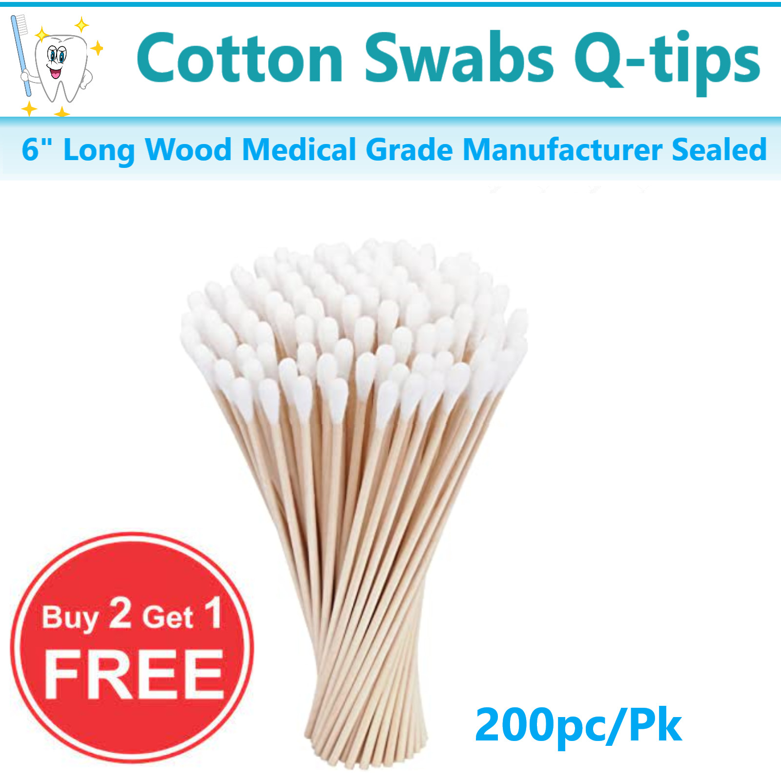 200Pk Cotton Swabs Swab Q-tips 6″ Long Wood Medical Grade Manufacturer Sealed