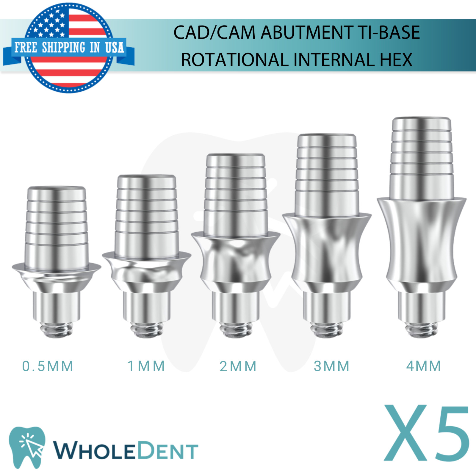 5x Dental Rotational Concave Titanium Base Int Hex 2.42mm CAD/CAM Prosthetic