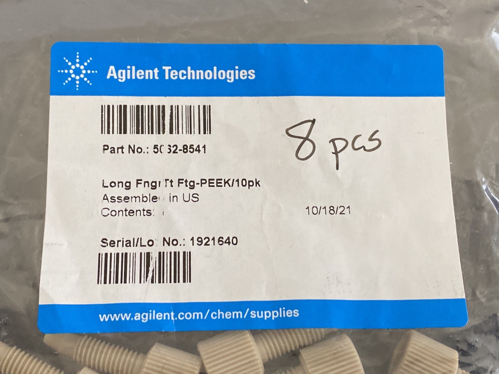 (8/Pk) AGILENT HPLC Long Finger-Tight PEEK Fittings 1.6mm ID 5062-8541