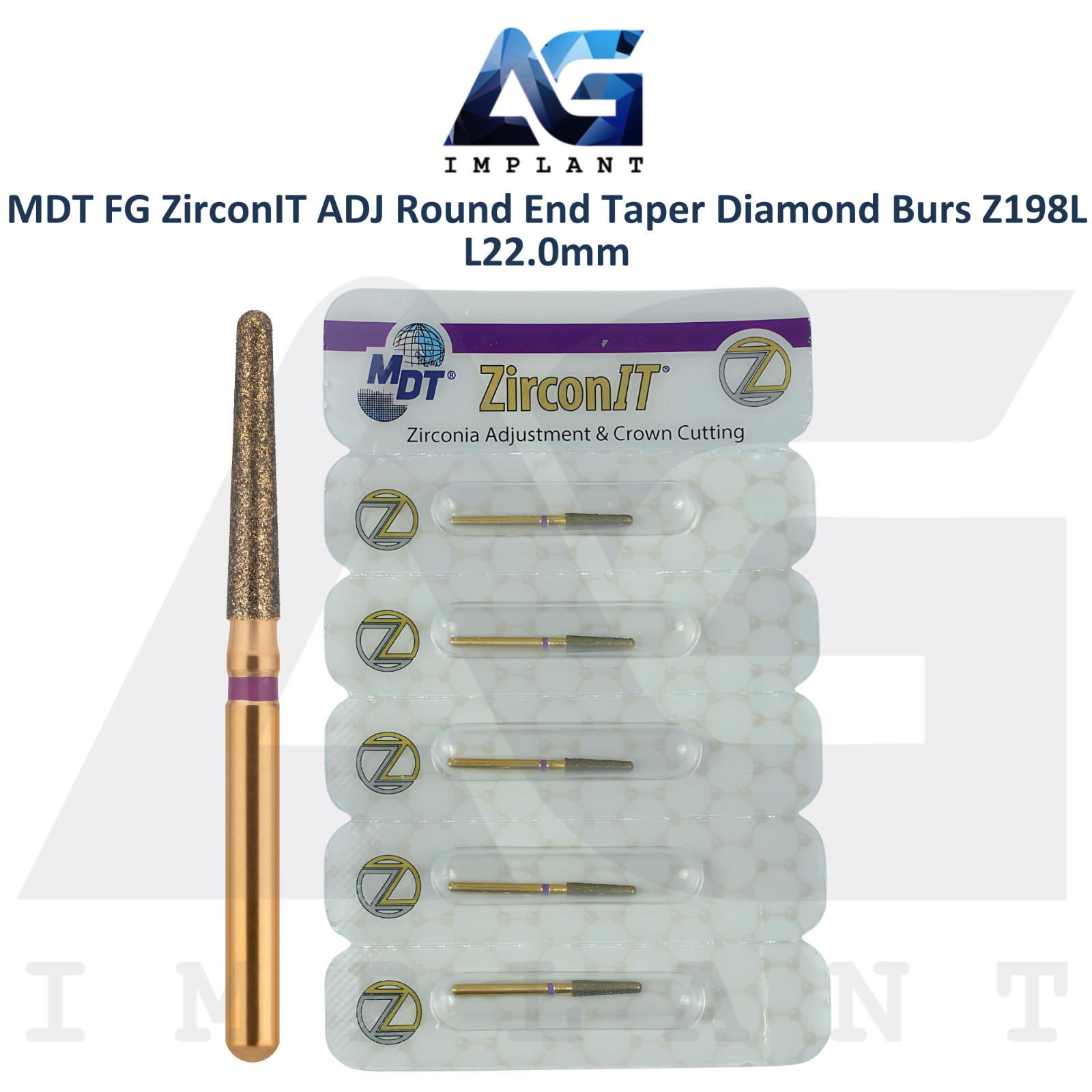 MDT Dental FG ZirconIT ADJ Round End Taper Diamond Bur Z198L L22.0mm Crown Prep