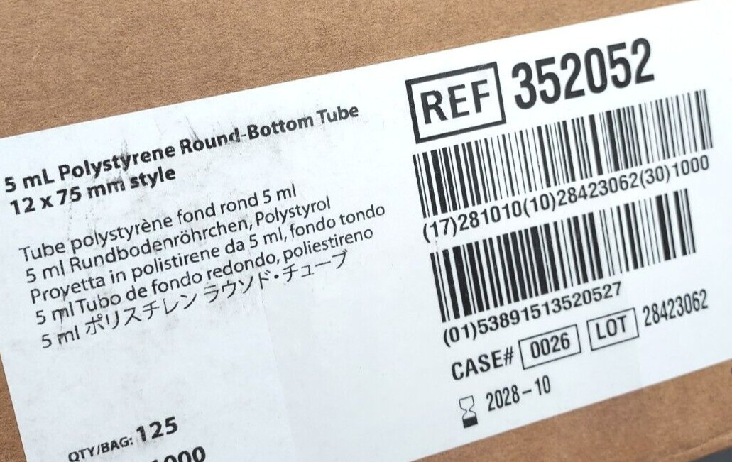 Falcon #352052 5 mL Round-Bottom Test Tube, Sterile NO Cap *125/Pack* Sealed