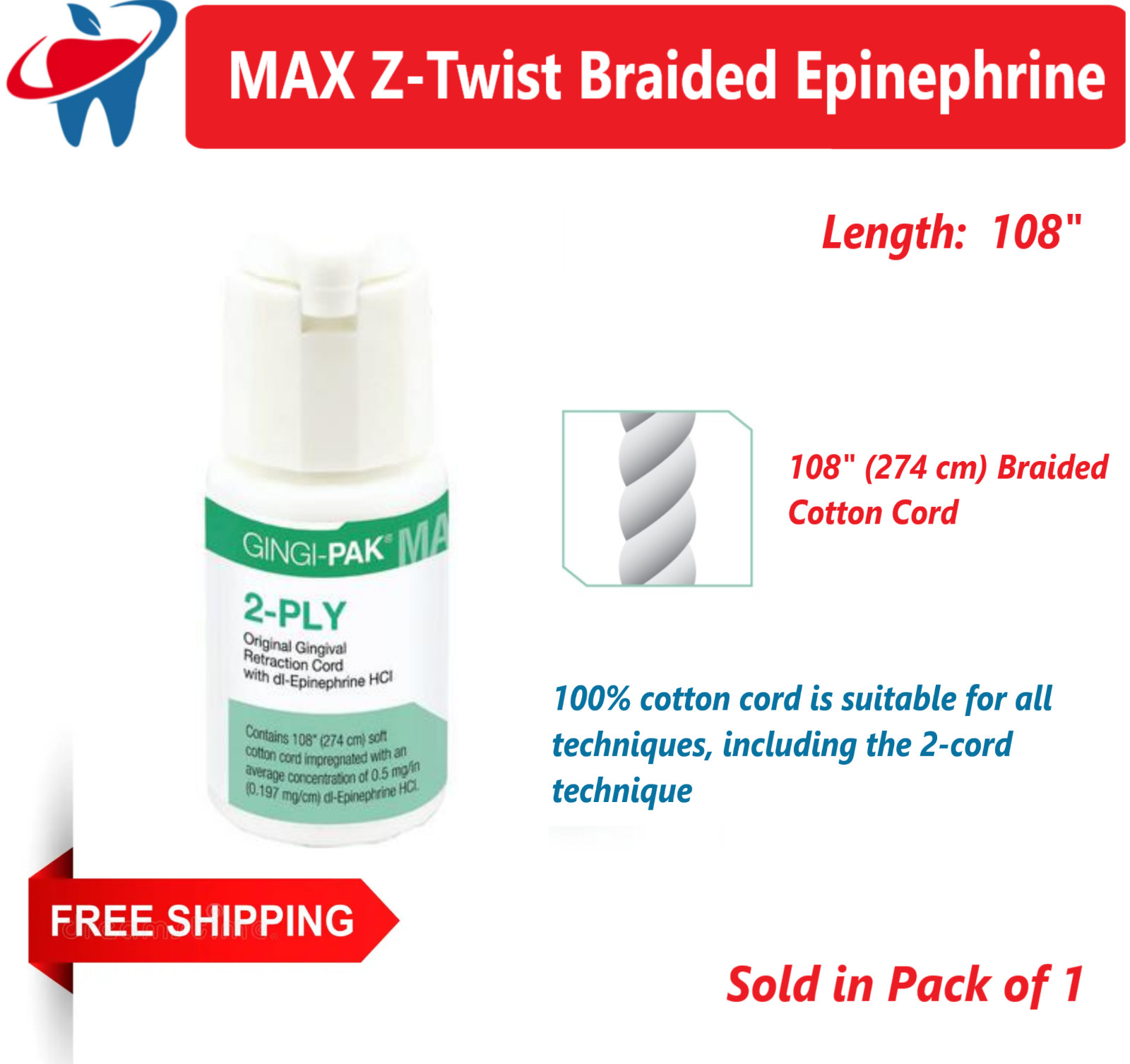 Dental Gingi-Pak Cord, Retraction Cord w/ Epinephrine, 2-Ply, 108″, 10120M