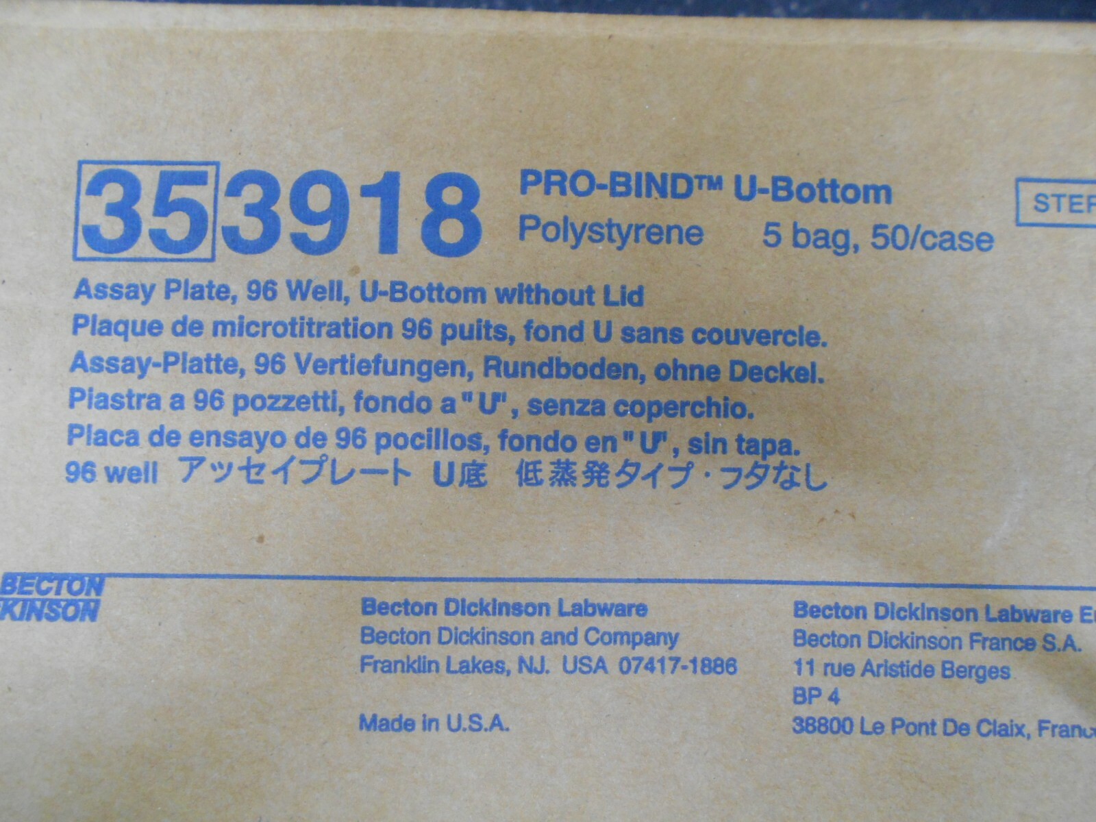 BECTON DICKINSON 353918 PRO BIND 96 WELL U BOTTOM ASSAY PLATE BOX OF 45