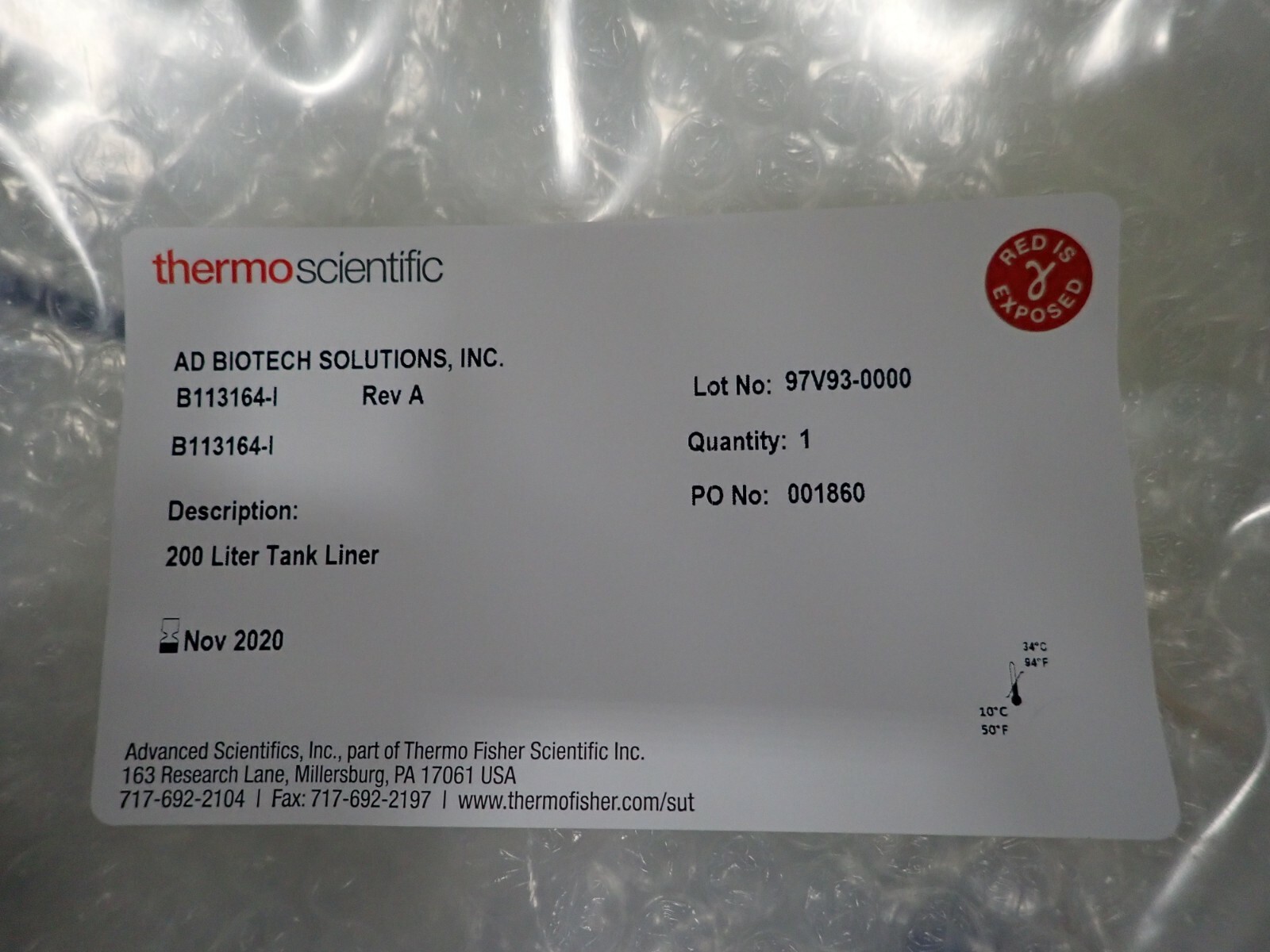 Thermo Fisher 200 Liter Tank Liner with Drain / LOT OF 6 / NOS