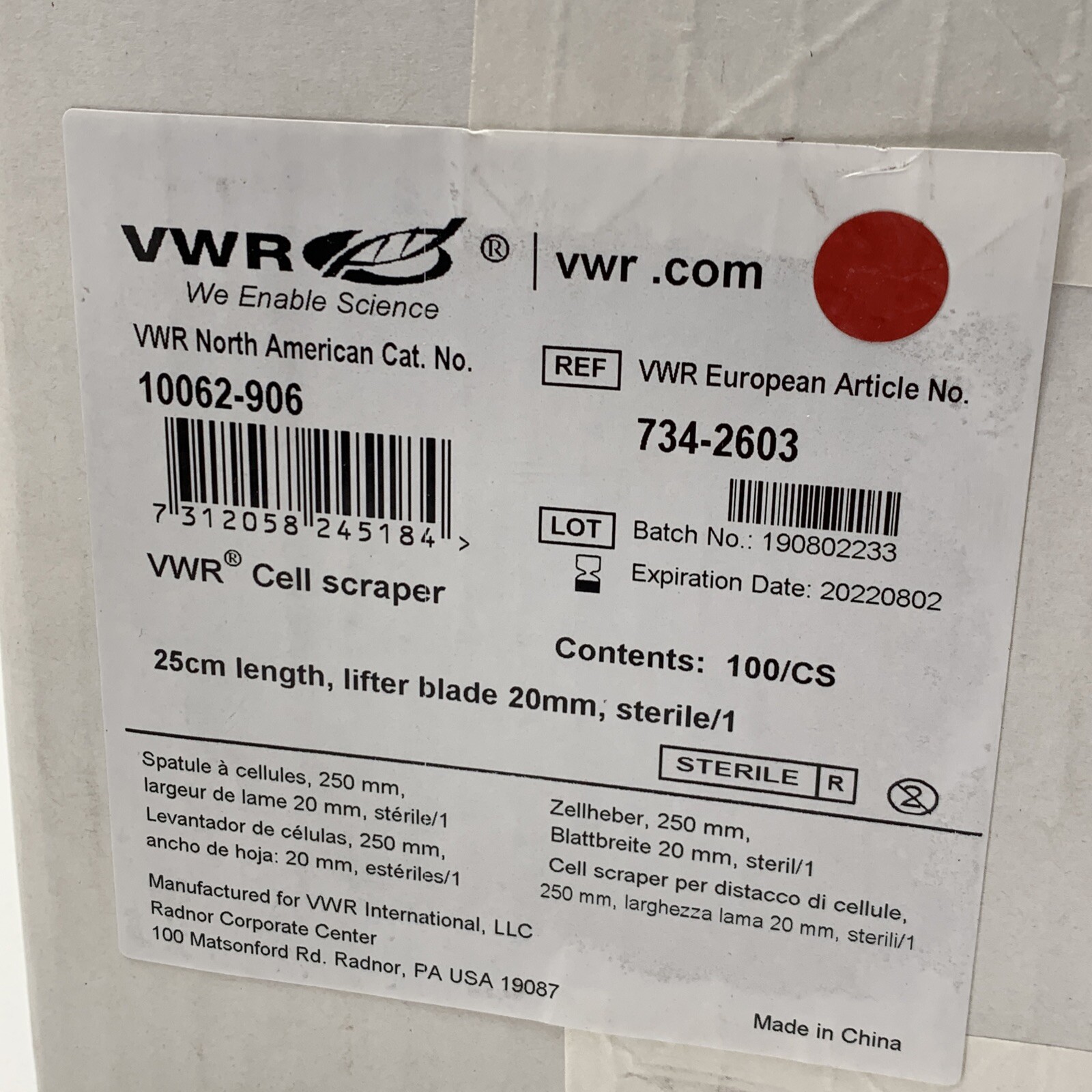 (100)VWR 734-2603 10062-906 Sterile 25cm Cell Scraper Lifter Blade EXPIRED 2022