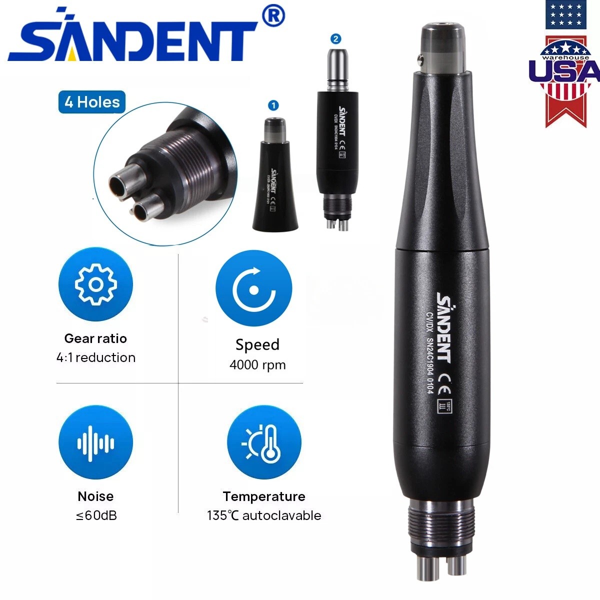 Dental Hygiene Prophy Air Motor Handpiece Kit 3 Nose Cones 360° Swivel 4 Holes
