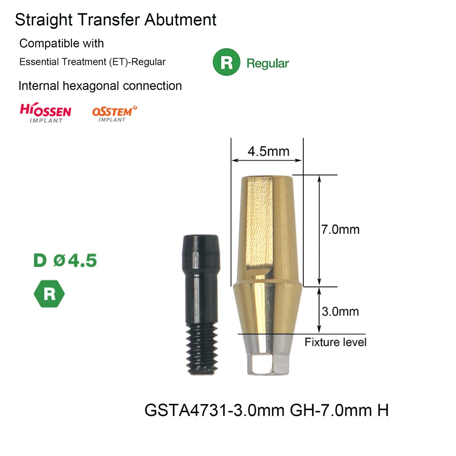 5Pcs Dental Straight Abutment Hiossen Mini/Regular conical replica screw 2 mm GH